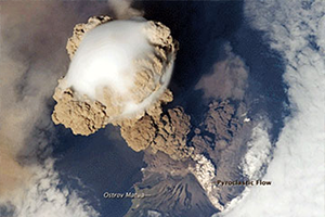 Picture taken by the International Space Station of a volcano errupting. Credit: NASA.