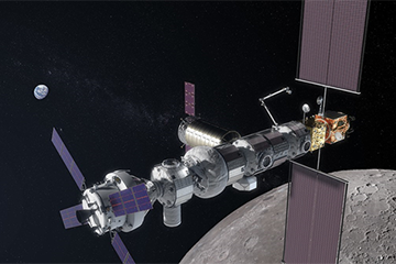 DEEP SPACE GATEWAY: To facilitate regular exploration of the lunar surface, 
				the Deep Space Gateway will be assembled in lunar orbit and periodically visited by 
				Orion carrying the next generation of planetary explorers. redit: NASA.
