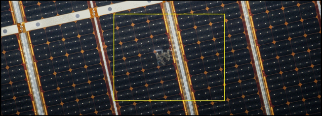 Identifying Damage to Prevent Problems: (Slide 1 - wide angle shot) Anamalous condition found 
						 on one of the International Space Station (ISS) solar arrays during review of on-orbit imagery. 
						 Credit: NASA.