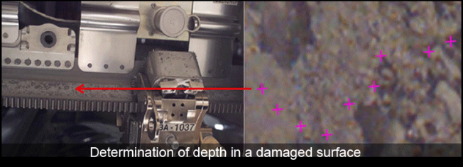 Examples of Photogrammetry Applications: Example 1 - Determination of depth in damaged surface. Credit: NASA.