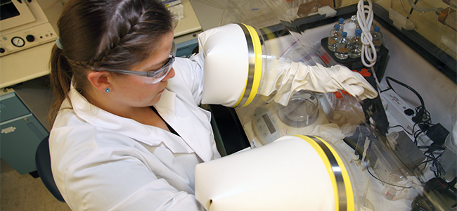 Inside the Analytical Geochemistry Laboratory: NASA scientist Kellye Pando 
					(pictured) a glove box to synthesize clay minerals and iron oxides as analog 
					processes similar to the minerals discovered by the Mars Curiosity rover mission.