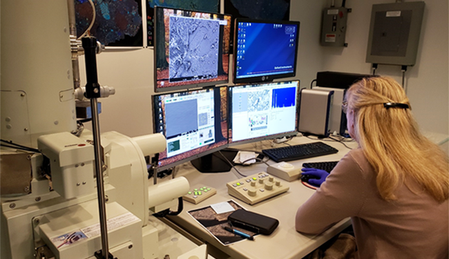 Inside the Scanning Electron Microprobe Laboratory: Planetary scientist 
					Kathie Thomas-Keprta (pictured) collects EDX spectra of the Mars meteorite ALH84001.