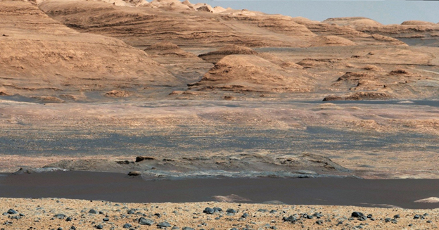 Picture of the lower layered rocks of Mount Sharp taken by 
					the Mastcam instrument on Curiosity. Credit: NASA/JPL-Caltech/MSSS.
