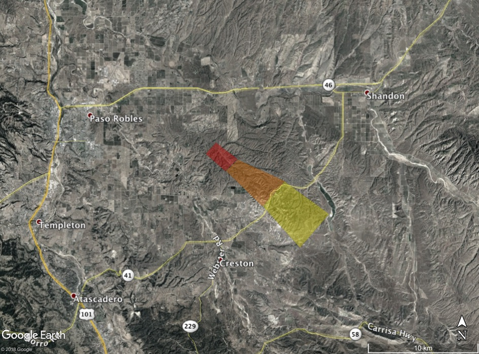This is an estimated landing site map for this fall, color coded according to mass. Red is kg-mass meteorites, scaling down to yellow single-gram stones.