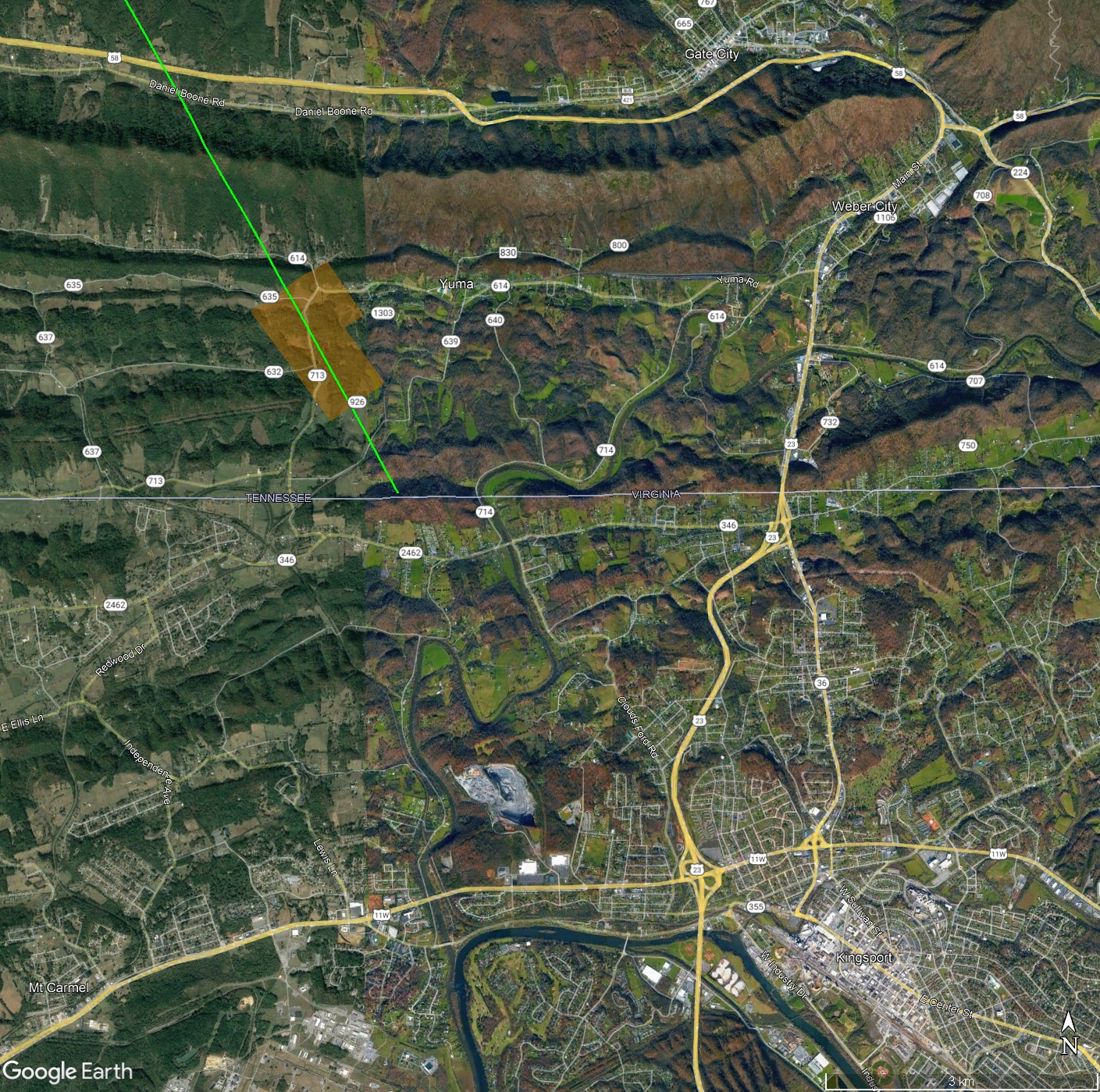 Single radar signature fall site at upper left. The green line approximates the ground track in direction only.