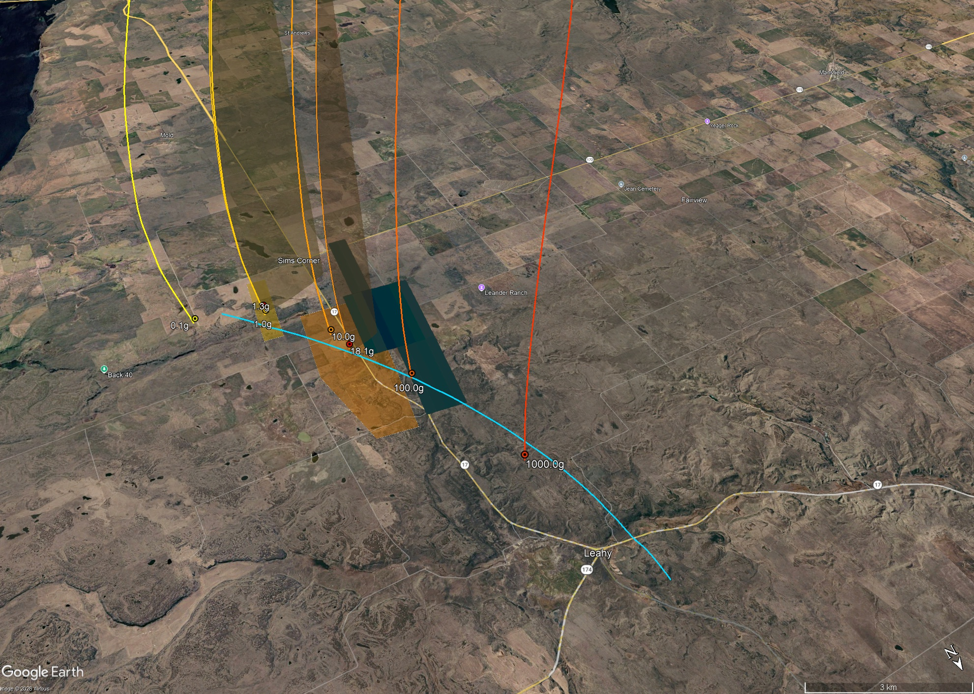 View is towards the southwest. Light blue line shows the strewn field centerline. Landing sites for meteorites seen on radar are colored polygons. Lines show simulated meteorite flight paths.