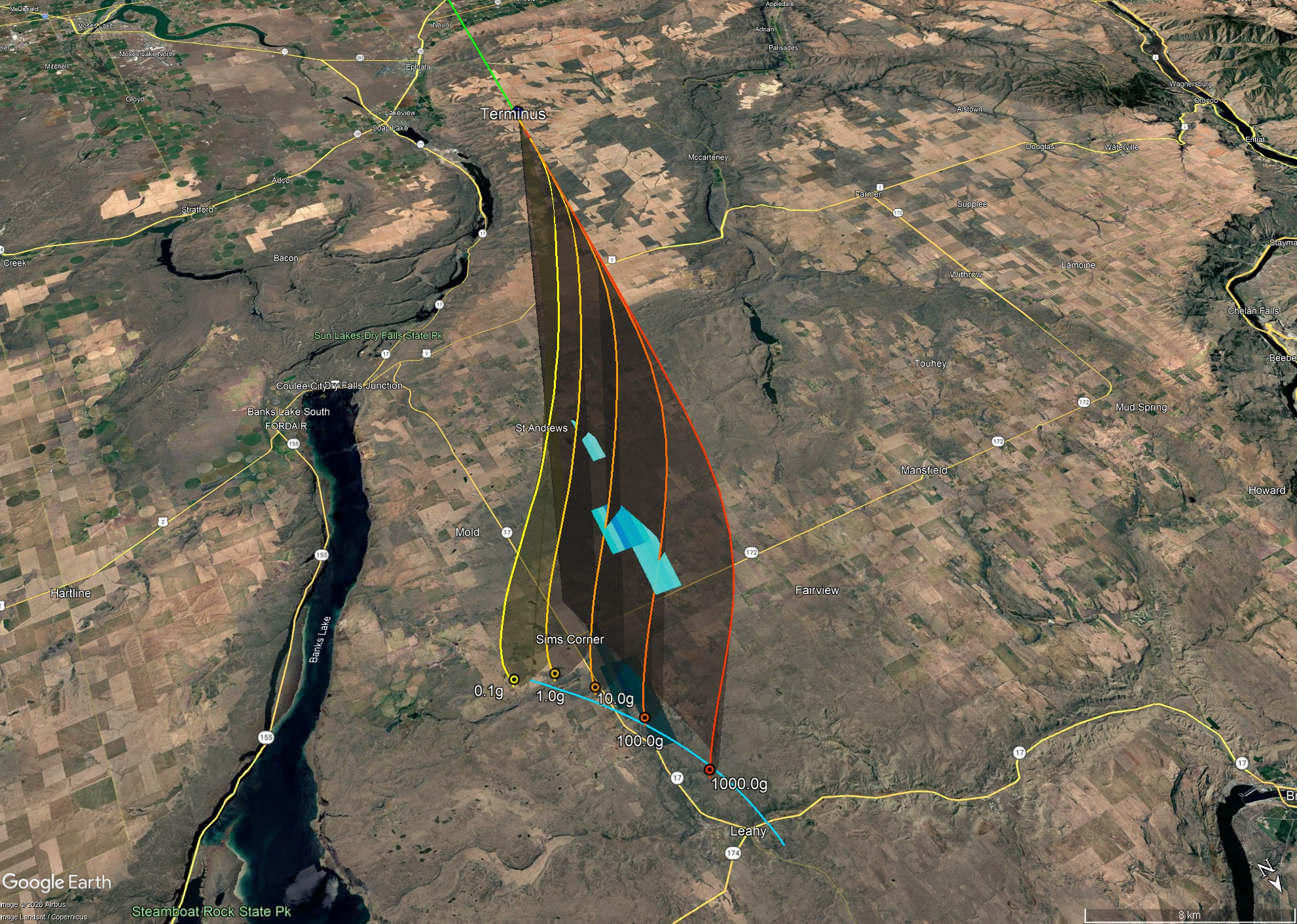 Composite view of radar signatures and dark flight model. View is towards the southwest. Colored lines show flight paths of meteorites from 0.1g to 1000g.