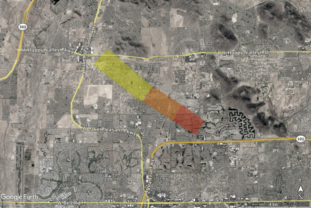 This is an estimated landing site map for this fall, color coded according to mass. Red is kg-mass meteorites, scaling down to yellow single-gram stones.