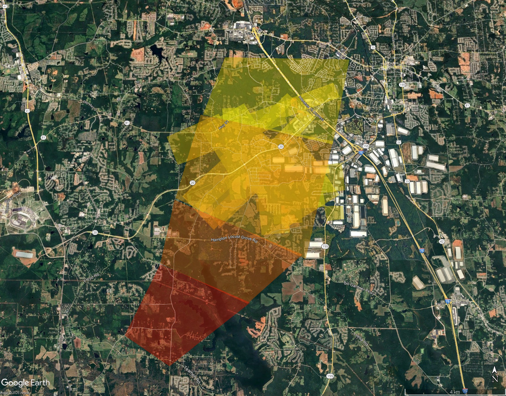 Simplified strewn field. Red shows the location of any 1kg meteorites that may have landed. Dark orange is 100g, light orange 10g, and yellow is 1g. Smaller polygons are from single radar signatures.