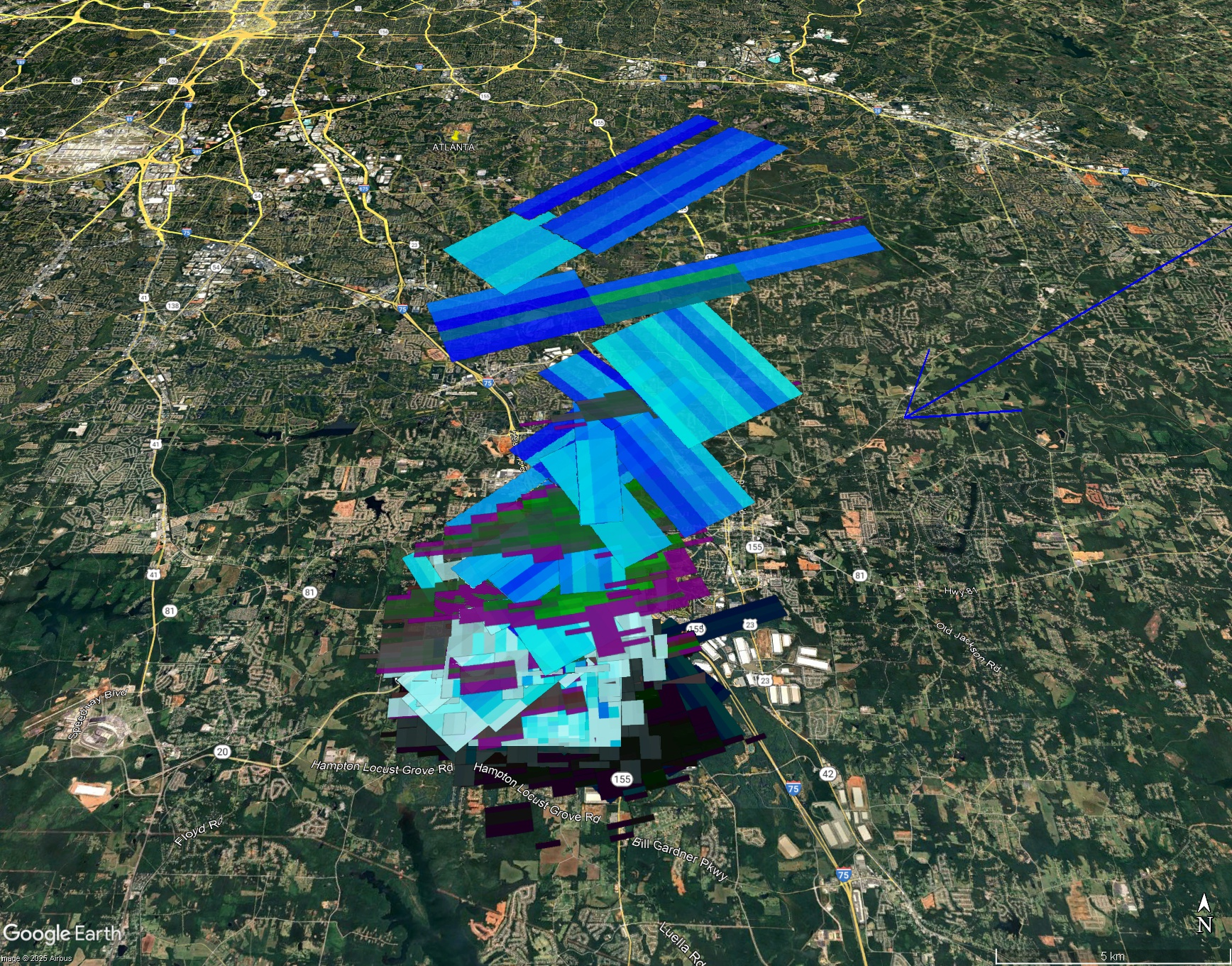 This is perspective view showing radar signatures of falling meteorites from this event.  