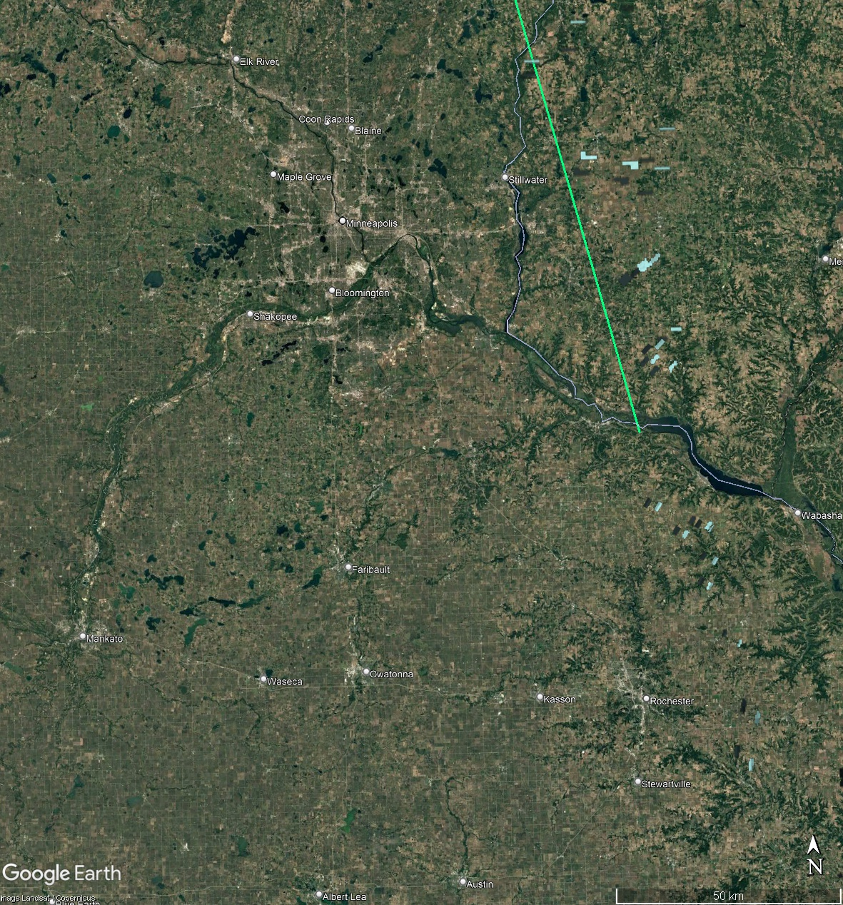 Zoomed in detail of falling debris east of Minneapolis