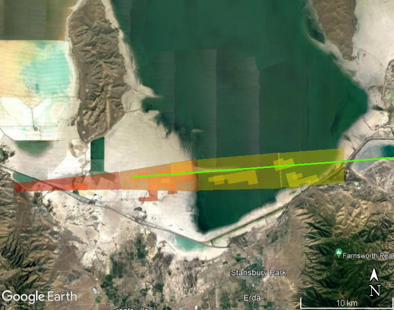 Colored polygons are calculated landing sites from each radar signature and the long color-graded bar is a simplified strewn field. Red is kg-mass meteorites scaling down to yellow single-gram stones.