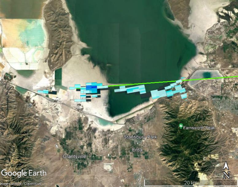 This composite image shows all the radar signatures from falling meteorites as blue/gray polygons. 