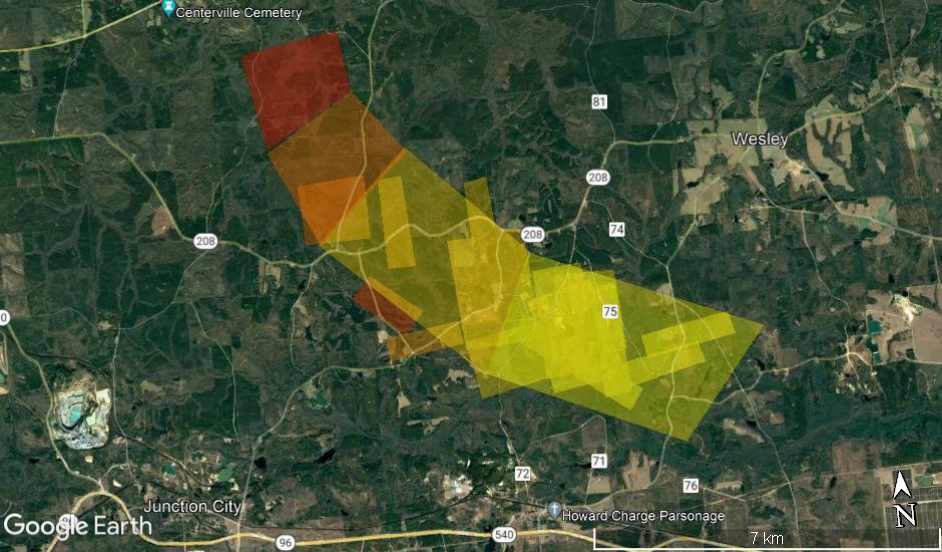 Colored polygons are calculated landing sites from each radar signature and the long color-graded bar is a simplified strewn field. Red is kg-mass meteorites scaling down to yellow single-gram stones.