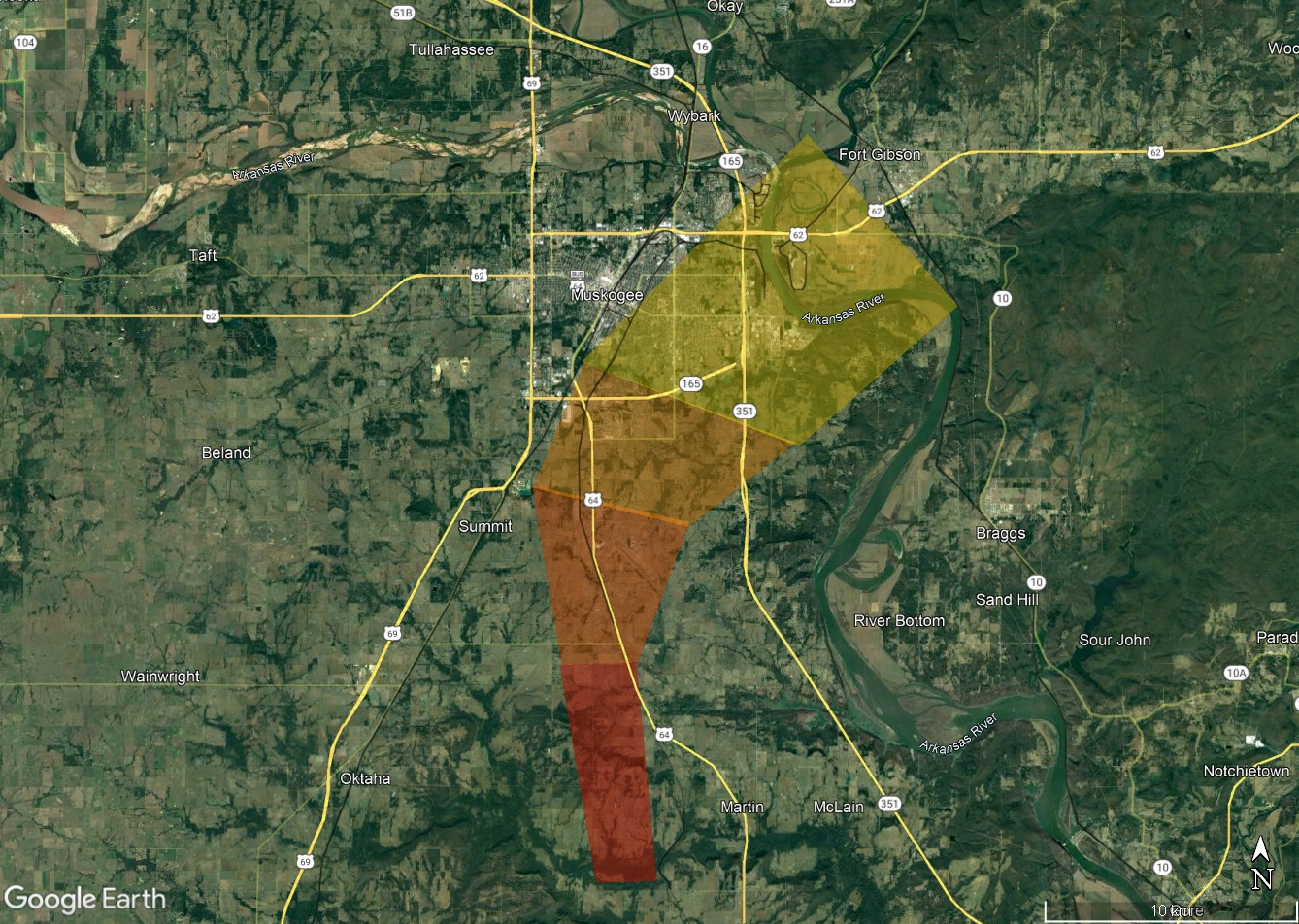 Estimated strewn field based on dark flight modeling. Large masses (kg-mass) shown in red, grading down to 1g in yellow.