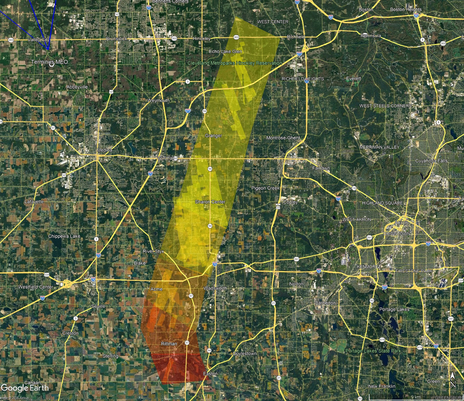 Simplified estimate of where meteorites landed. Dark red is where 10kg meteorites landed IF they were produced, then 1kg (red), 100g (dark orange), 10g (light orange) and 1g (yellow).