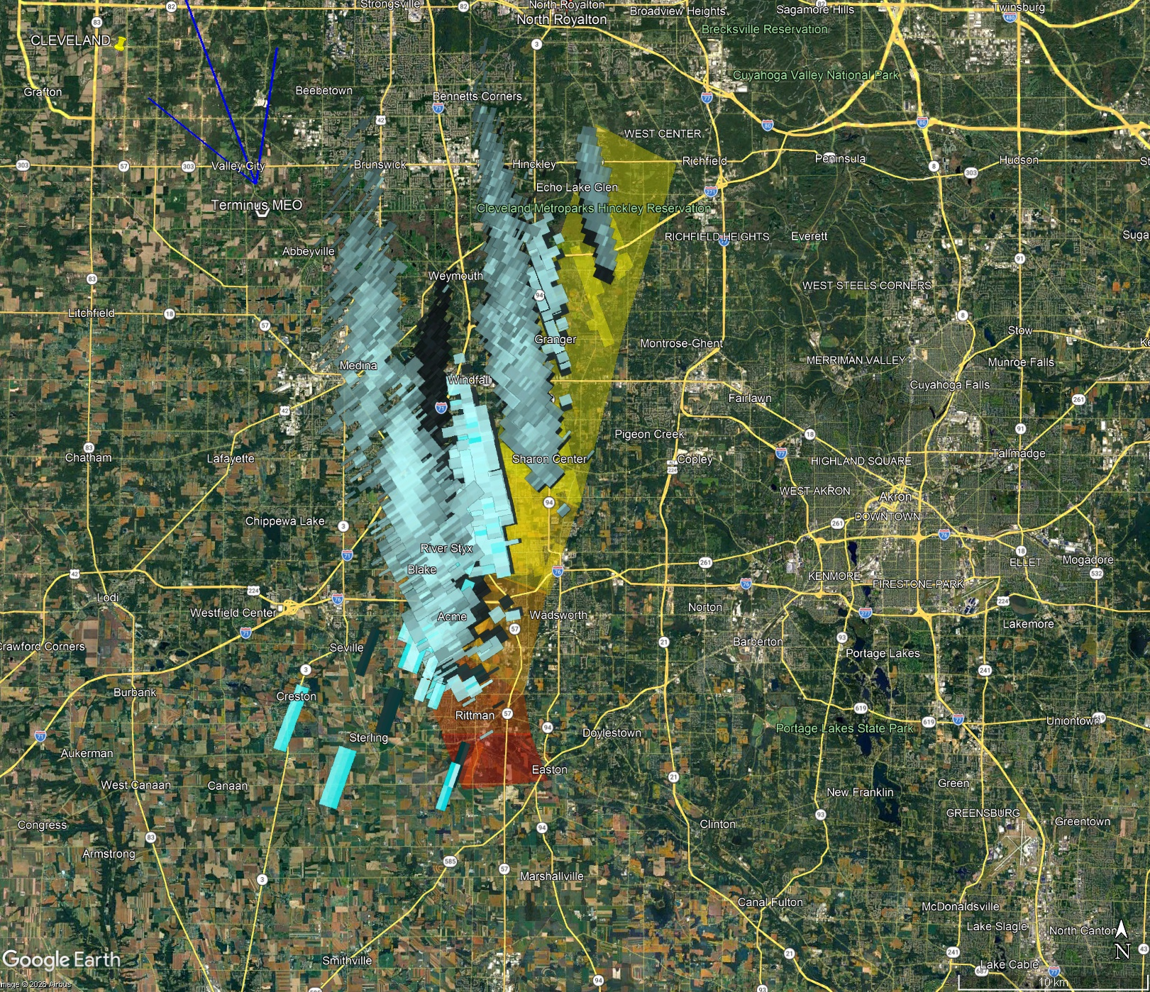 The blue-gray pixels are radar signatures of falling meteorites seen in weather radar imagery.