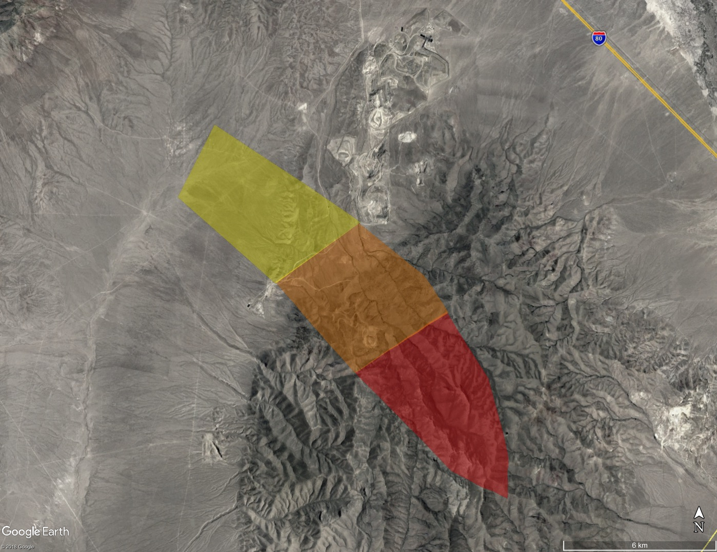 This is an estimated landing site map for this fall, color coded according to mass. Red is kg-mass meteorites, scaling down to yellow single-gram stones.