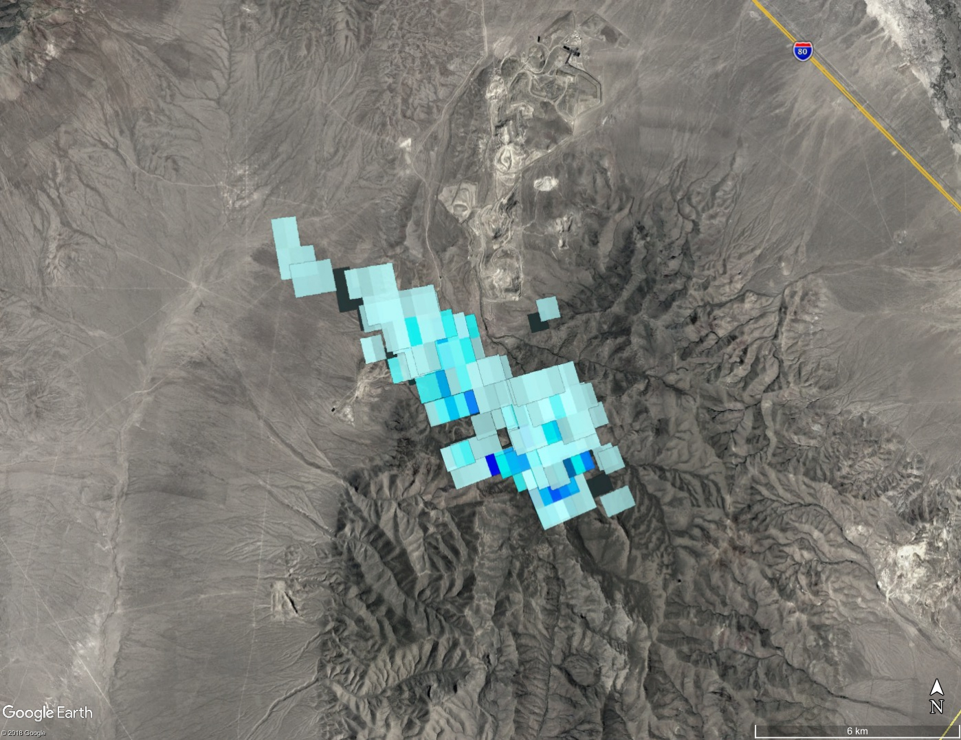 This composite image shows all the radar signatures from falling meteorites as blue/gray polygons. The Battle Mountain meteorite fall resulted in recovery of a large number of meteorites.