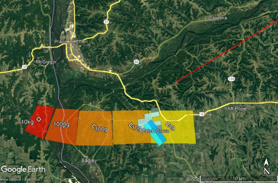 Estimated landing sites for meteorites ranging from 10kg (red) to 1g (yellow). Large meteorites may or may not exist from this event.