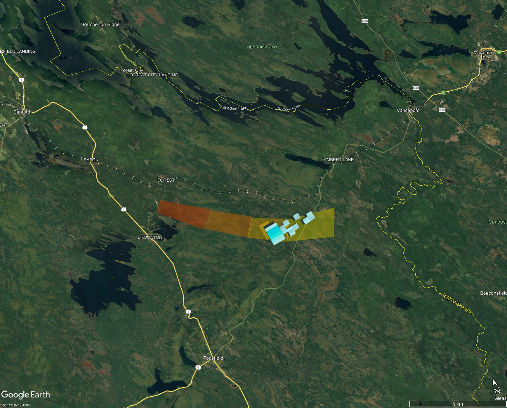 Calculated strewn field showing landing sites of ~1kg stones (red) through ~1g stones (yellow).