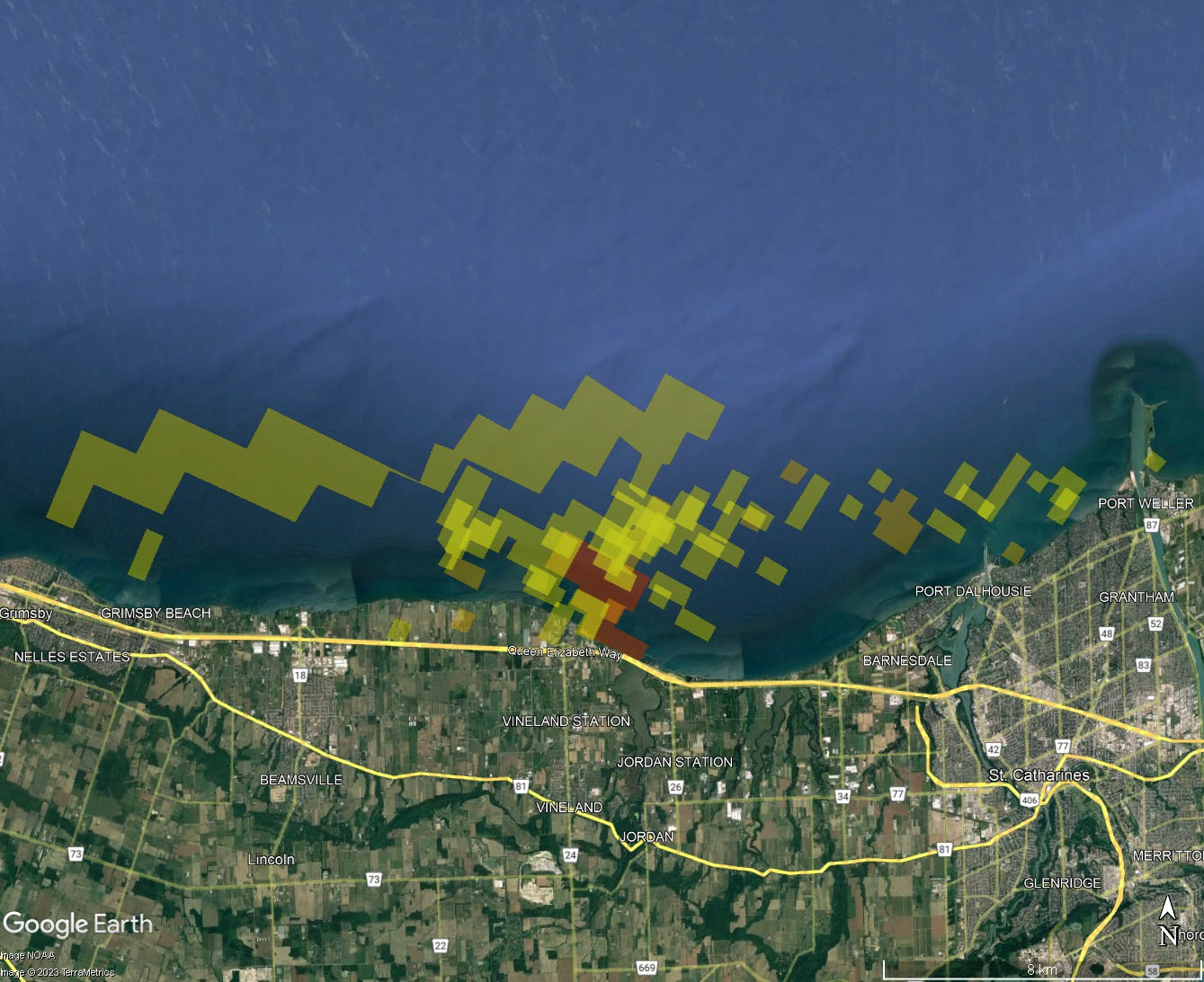 Colored polygons estimate the landing sites of meteorites from ~1g (yellow) to 233g (dred). 