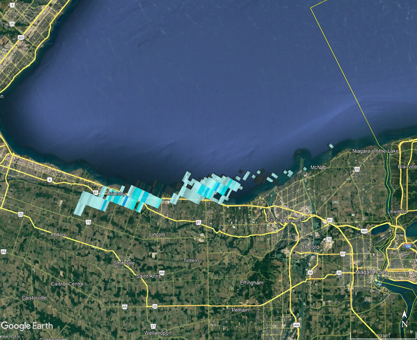 Composite image of radar signatures of falling meteorites.