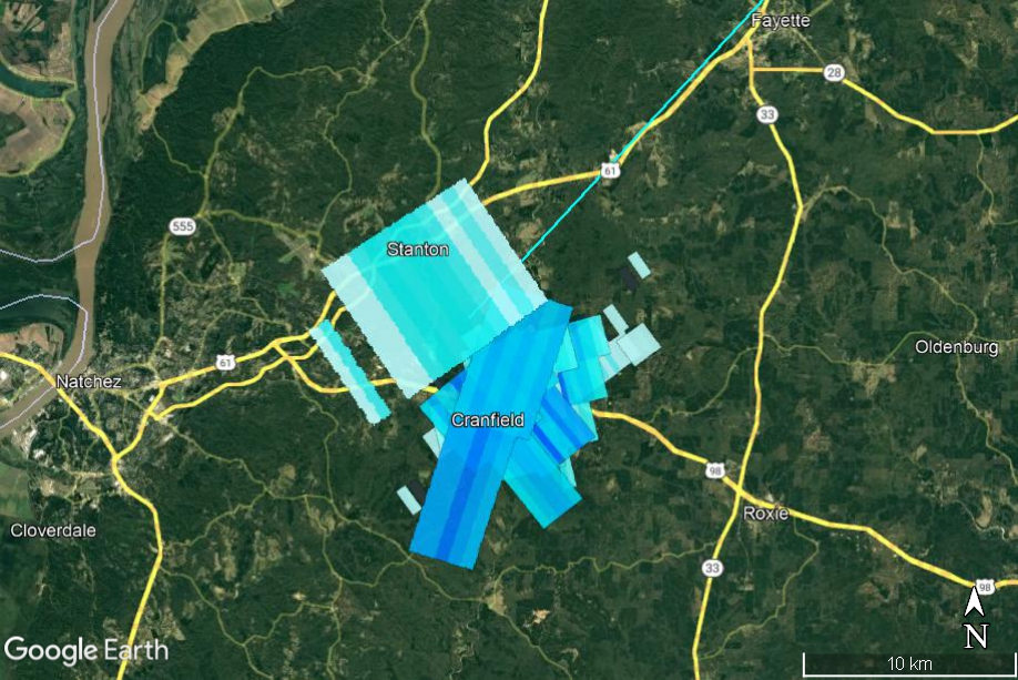 This composite image shows all the radar signatures from falling meteorites as blue/gray polygons. 