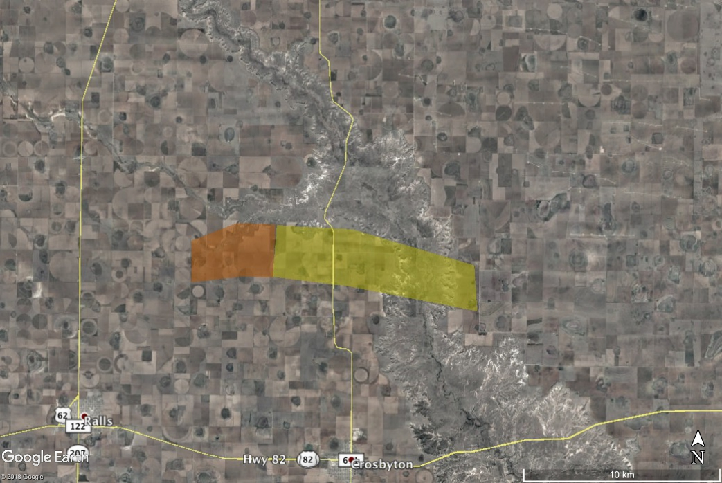 This is an estimated landing site map for this fall, color coded according to mass. Orange denotes meteorites in the 10s of grams, scaling down to yellow single-gram stones.