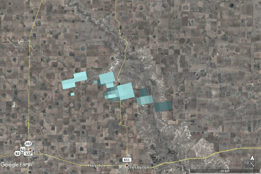 This composite image shows all the radar signatures from falling meteorites as blue/gray polygons. The Mount Blanco meteorite fall landed in a largely treeless agricultural area which is normally good