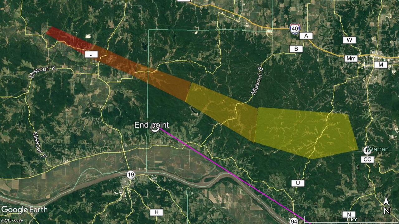 This is an estimated landing site map for this fall, color coded according to mass. Red is kg-mass meteorites, scaling down to yellow single-gram stones.