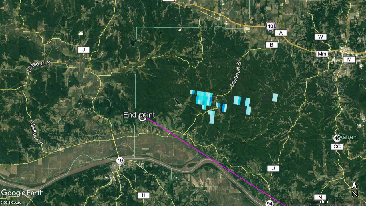 This composite image shows all the radar signatures from falling meteorites as blue/gray polygons.