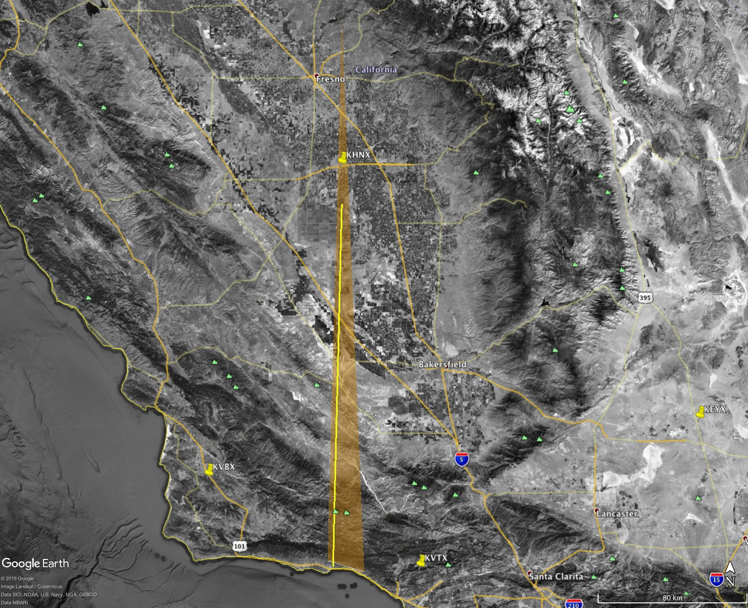 Landing site calculations are not possible for satellite debris, but an approximate 'strewn field' is shown as an orange triangle.