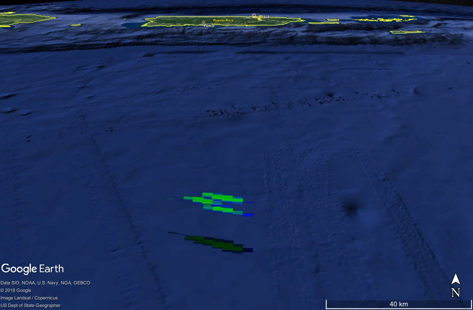 This composite image shows all the radar signatures from falling meteorites as blue/gray polygons. This image is looking due north and has been tilted to show Puerto Rico (top of image) for context.