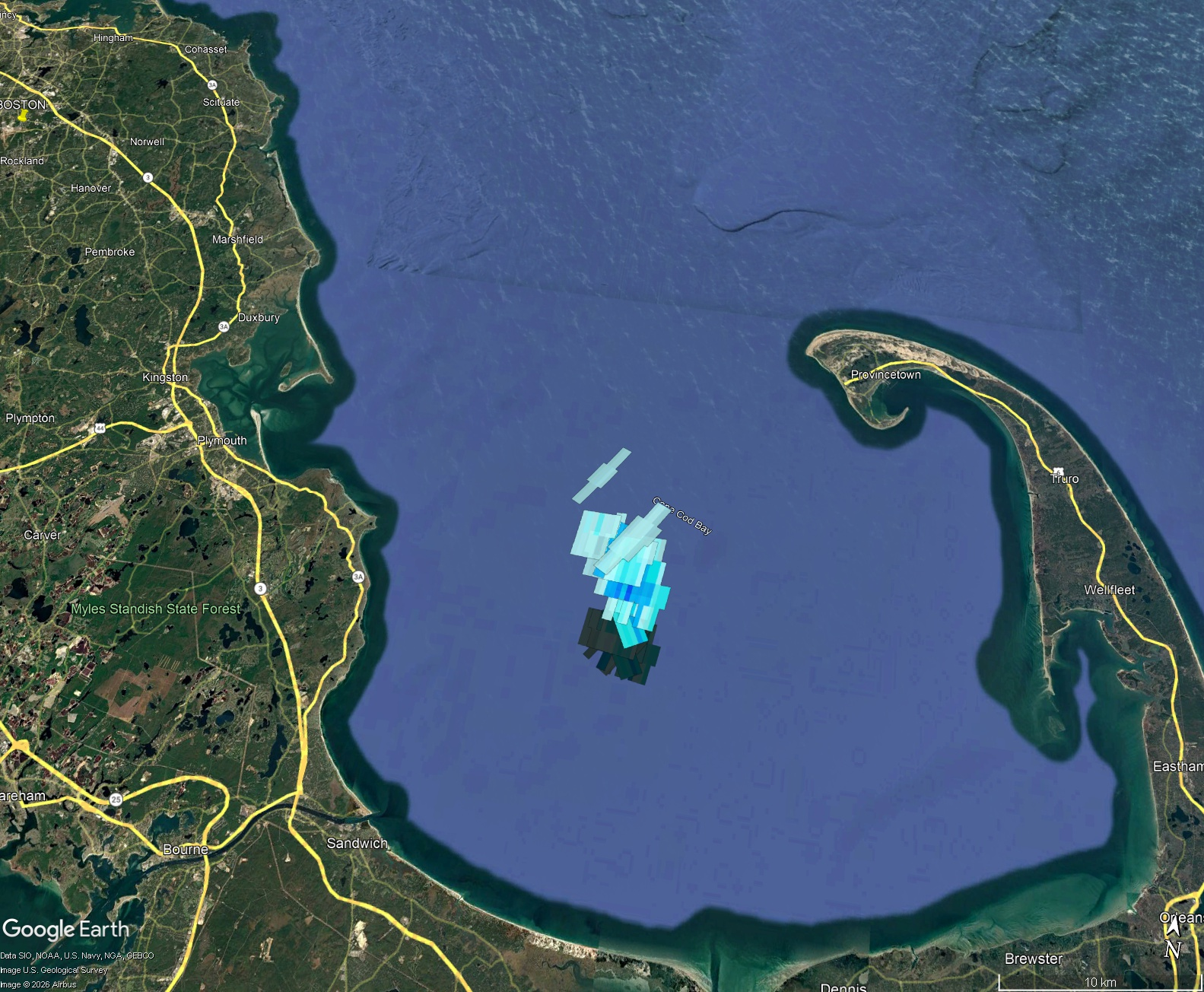 Composite radar image featuring data from three NEXRAD radars and one TDWR radar.
