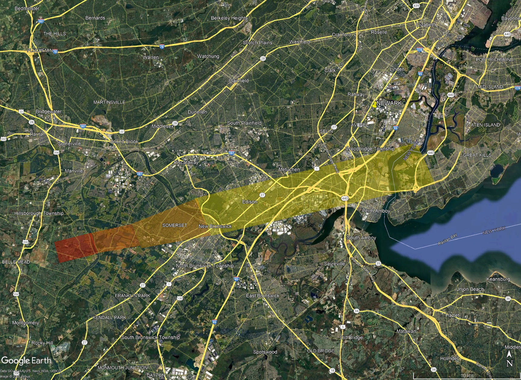 Simplified drawing of where meteorites may have landed. The red polygon is for ~1 kg meteorites, dark orange is 100s of grams, light orange is 10s of grams, and yellow is 1g and smaller.