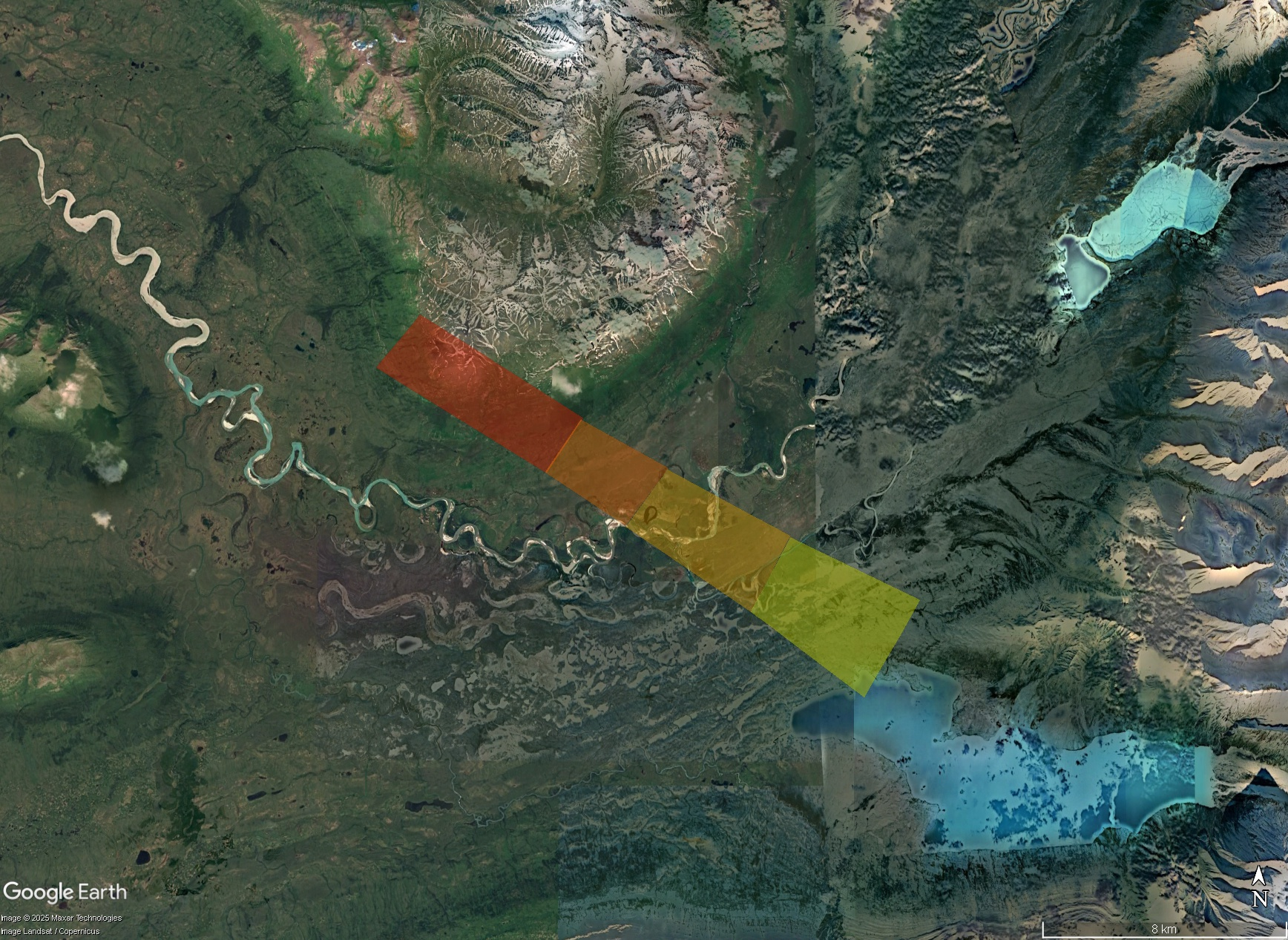 Simplified depiction of where meteorites landed from this event. Red indicates meteorites ~1kg in mass, dark orange is 100g, light orange is 10g, and yellow is 1g.