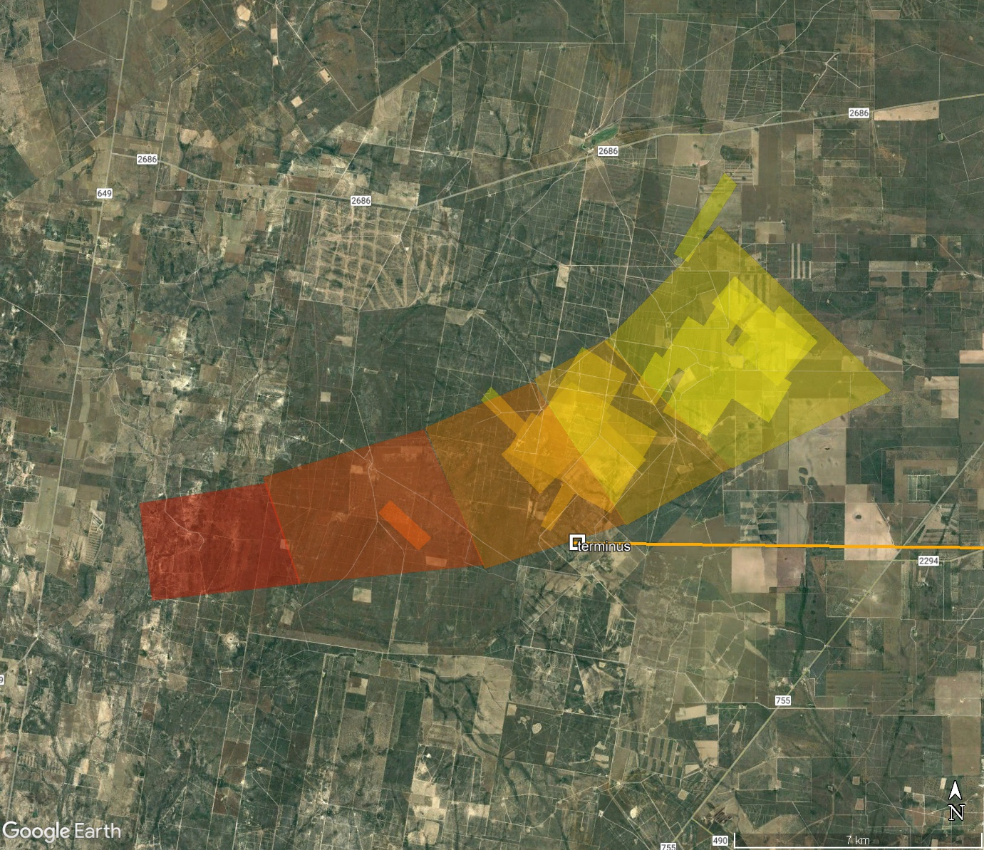 Estimated strewn field, colored by meteorite mass. Yellow is 1g, up to red = 1,000g. This is an estimate which may change if information about the meteor direction and descent angle updates.