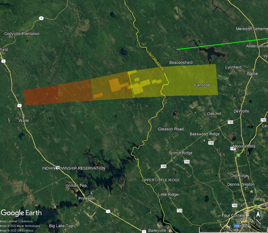 Strewn field estimate calculated from radar signatures, scaled from 10kg (red) to 1g (yellow).