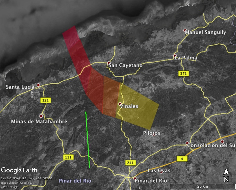 Estimated landing site map, color coded by mass. Dark red is 10 kg-mass meteorites scaling down to yellow single-gram stones. Strong winds from the west shape the area. Green line is the meteor track.