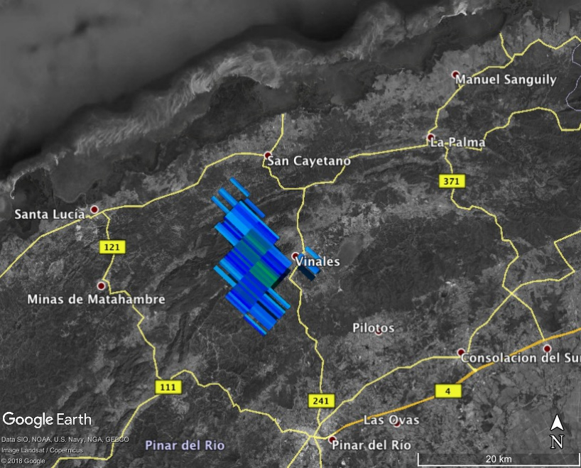 Radar signatures from falling meteorites appear as blue/gray polygons. The western Cuba meteorite fall appears in imagery from the Key West NEXRAD weather radar at a distance of over 300 km.