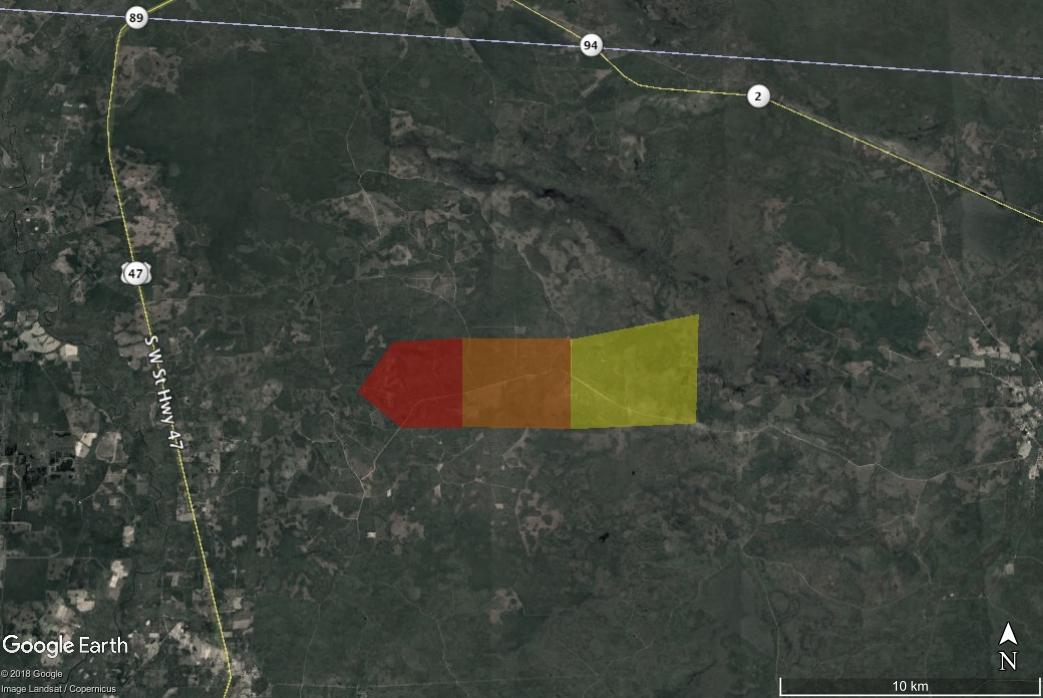 This is an estimated landing site map for this fall, color coded according to mass. Red is kg-mass meteorites, scaling down to yellow single-gram stones. 