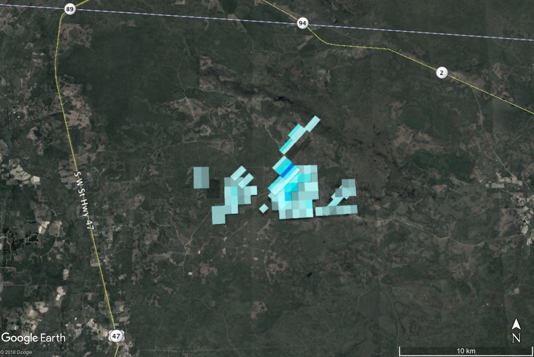 This composite image shows all the radar signatures from falling meteorites as blue/gray polygons. The Osceola meteorite fall landed in difficult terrain for meteorite searching, but several meteorite