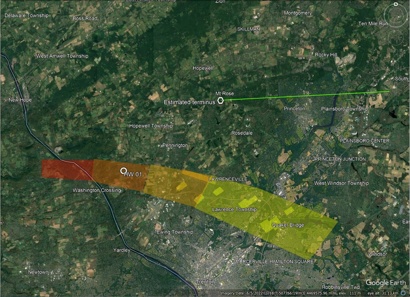 Colors indicate estimated meteorite mass, from red (1 kg) to yellow (1g). 'HW 01' shows where a meteorite struck a house.