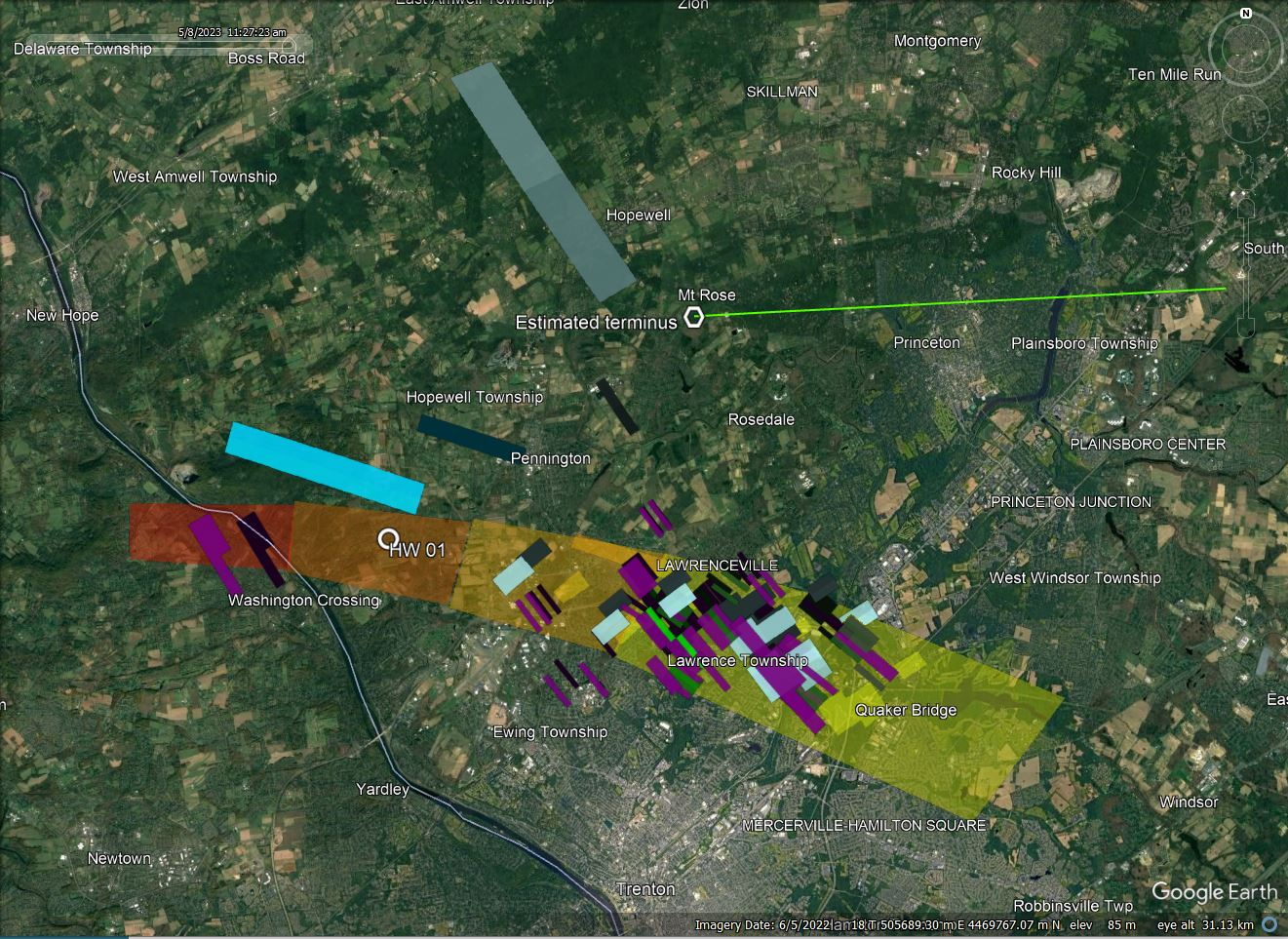 Composite radar map showing signatures of falling meteorites. Blue/gray is NEXRAD, green/purple are airport radars.