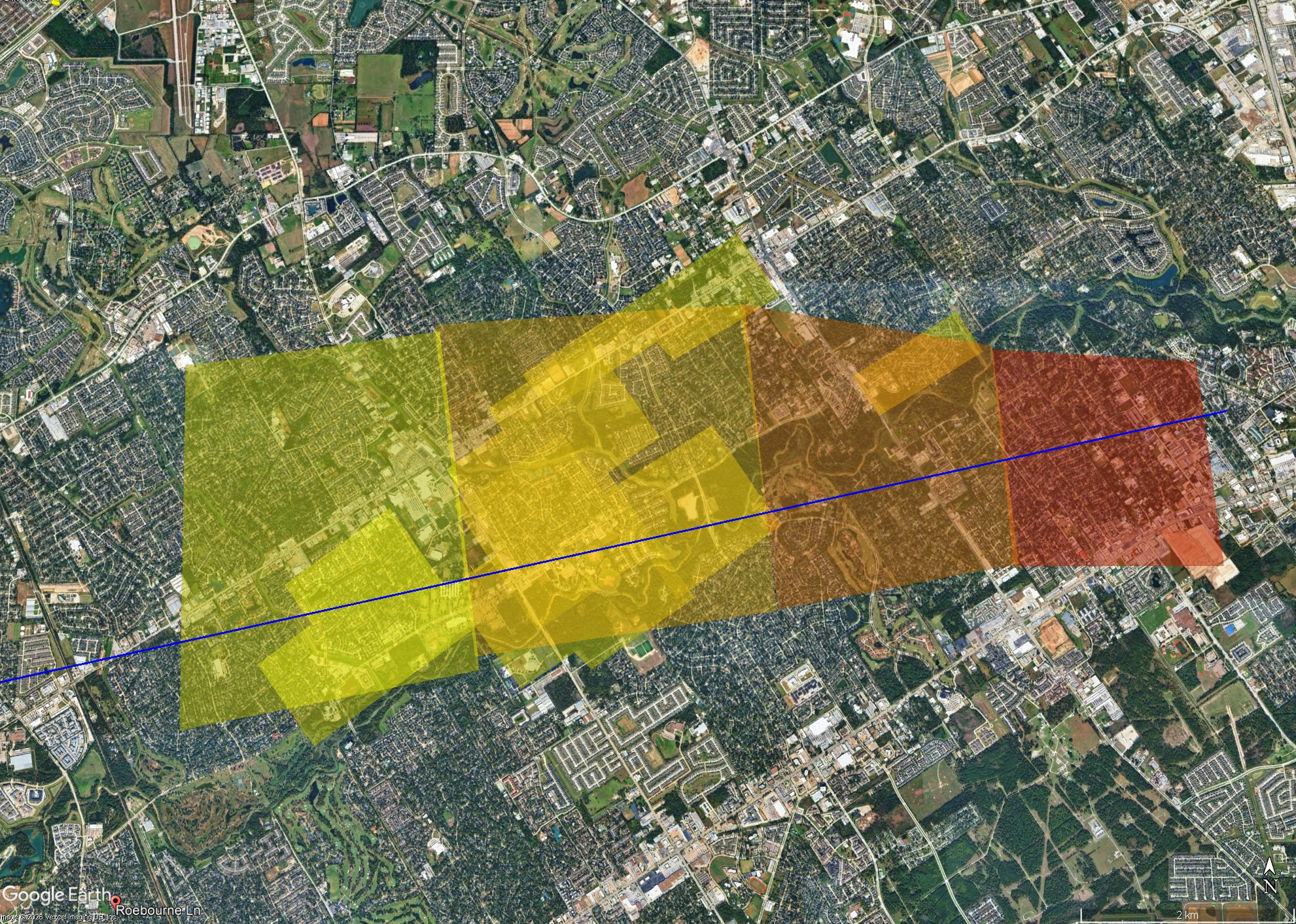 Simplified estimate of where meteorites landed. Red is where meteorites in the 1 kg range landed, then 100g (dark orange), 10g (light orange) and 1g (yellow). Meteorite finds to date lie on blue line.
