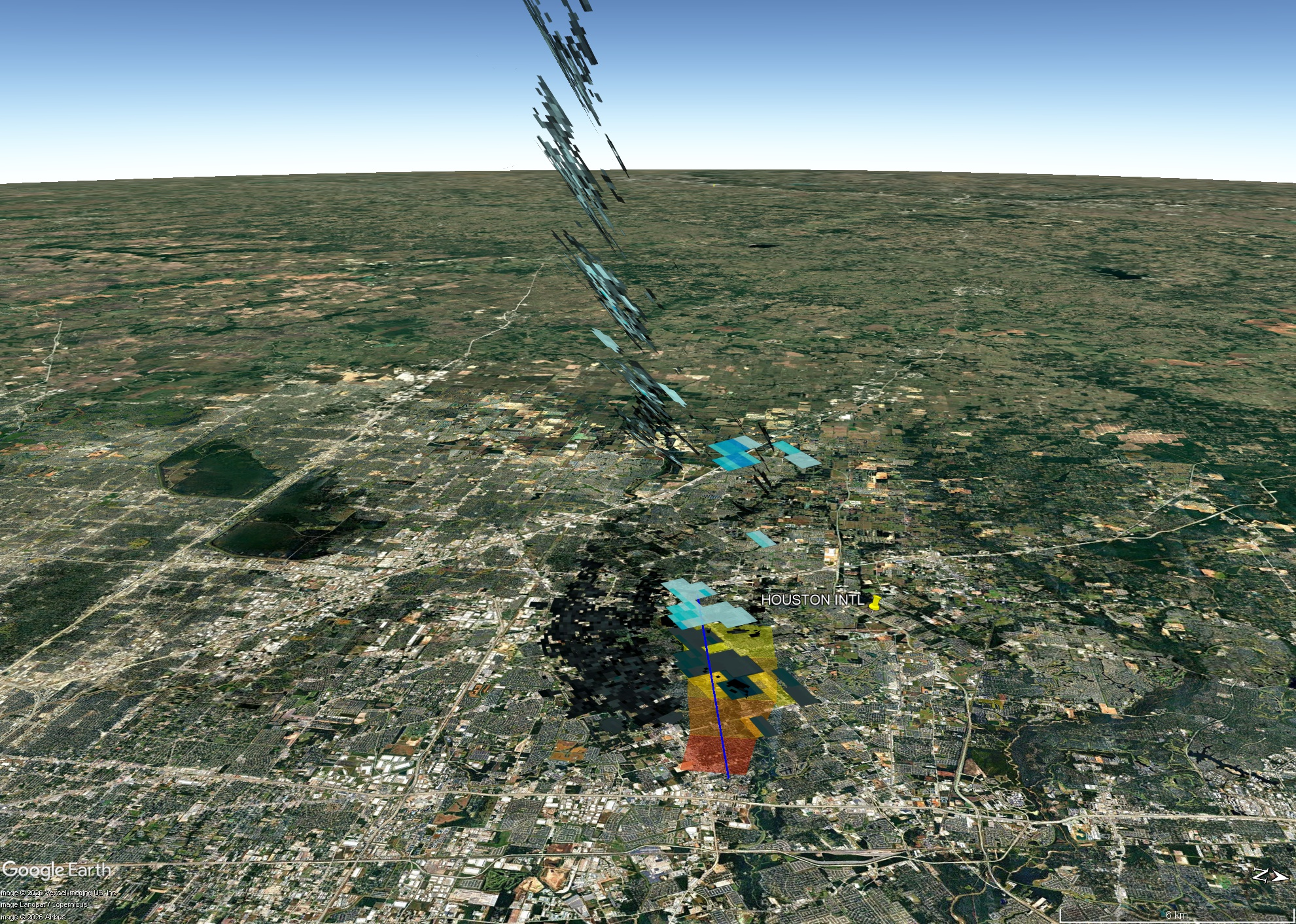 Perspective view of radar signatures of falling meteorites. The blue-gray pixels are radar signatures of falling meteorites from the KHGX and TIAH weather radars.