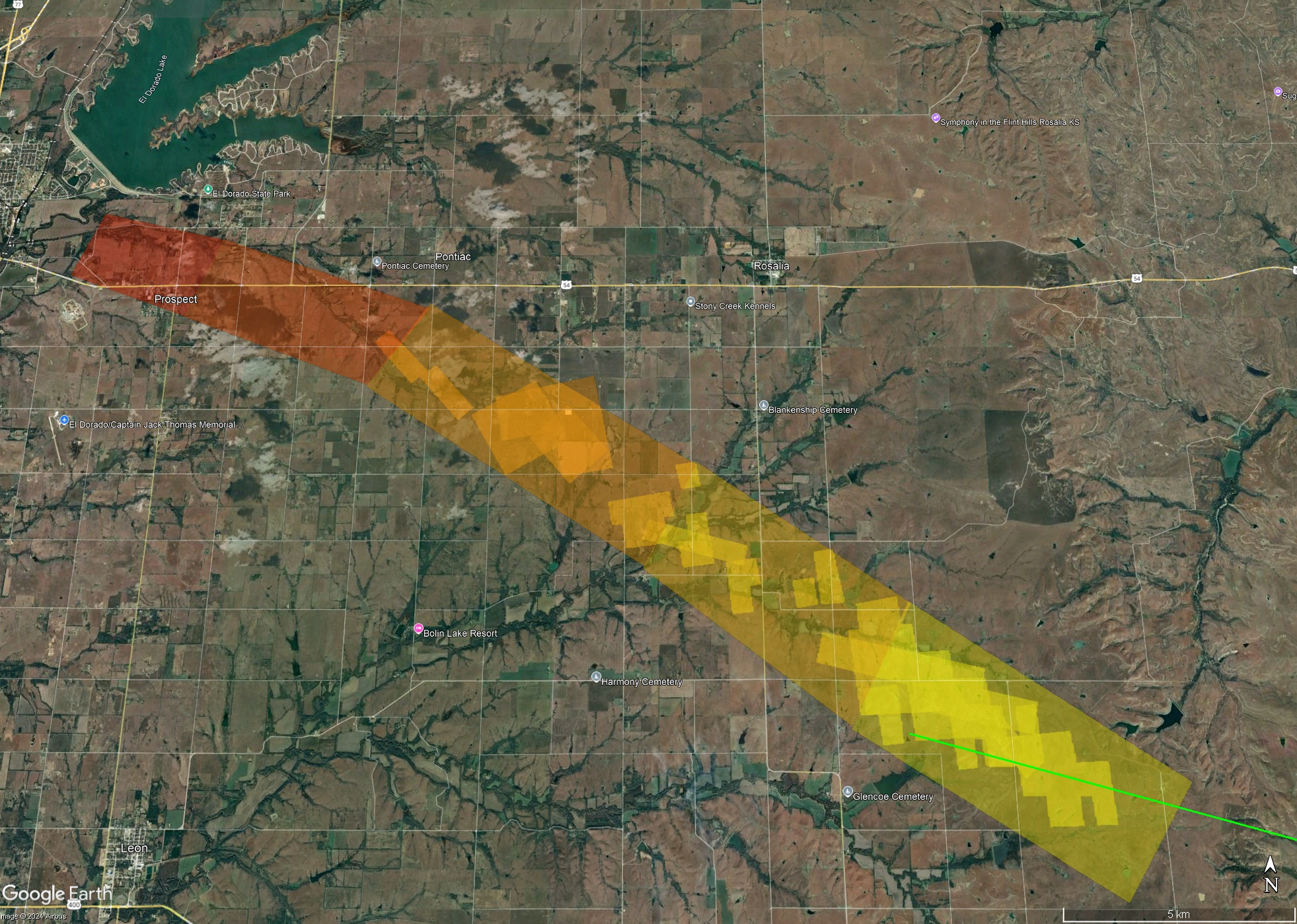 Calculated strewn field showing ~1g meteorites (yellow) to 10kg