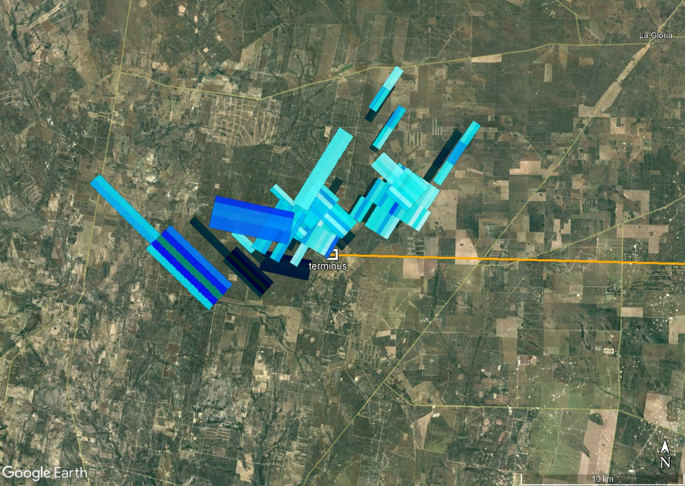 Composite image showing radar signatures of falling meteorites. 
