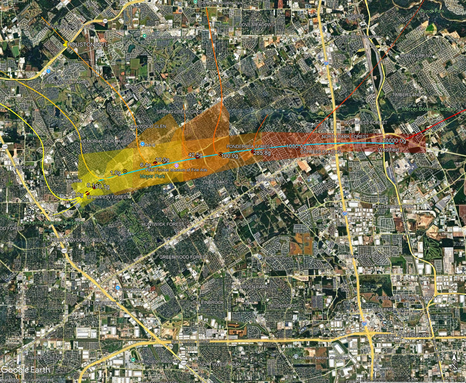 Simplified estimate of where meteorites landed. Red is where meteorites in the 1 kg range landed, then 100g (dark orange), 10g (light orange) and 1g (yellow). Meteorite finds to date lie on blue line.